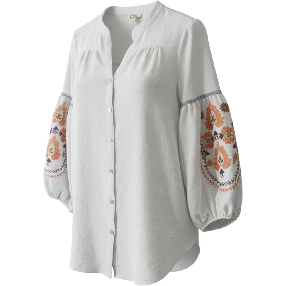 Fig & Flower Anthropologie Peasant Blouse White Floral Embroidered Boho M